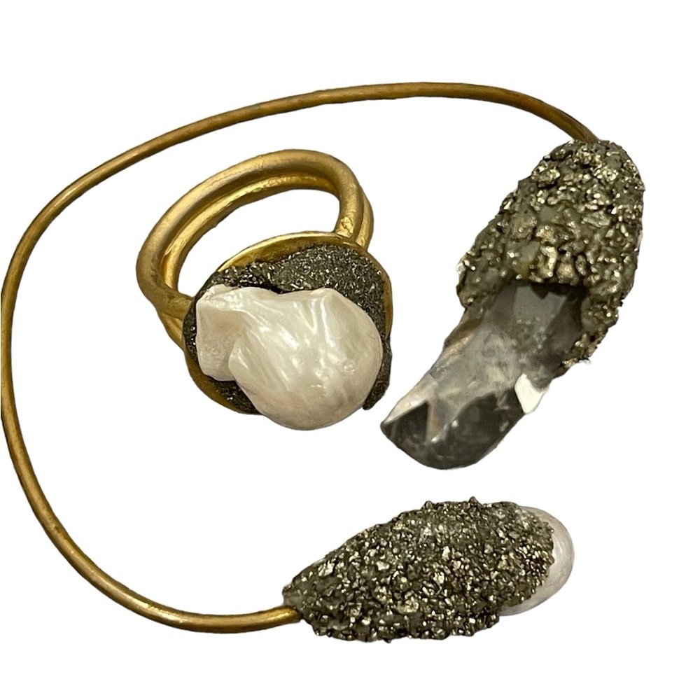Ring Size 8 and Adjustable Bracelet Set Handmade with Biwa Pearls and Crystal
